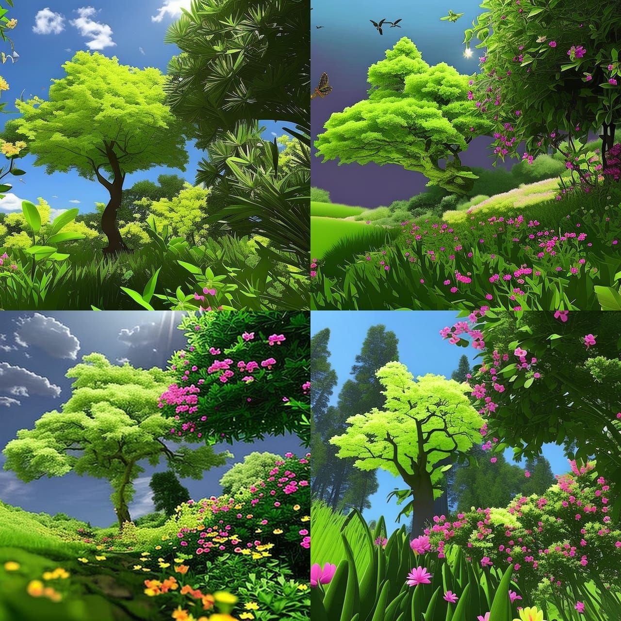 Light green tree, 🌼🌺🌸☘️🍀🌿🌳🌲, Path, Flowers, Sharp contrast, high black point, Deep depth of field, sharp focus, c...