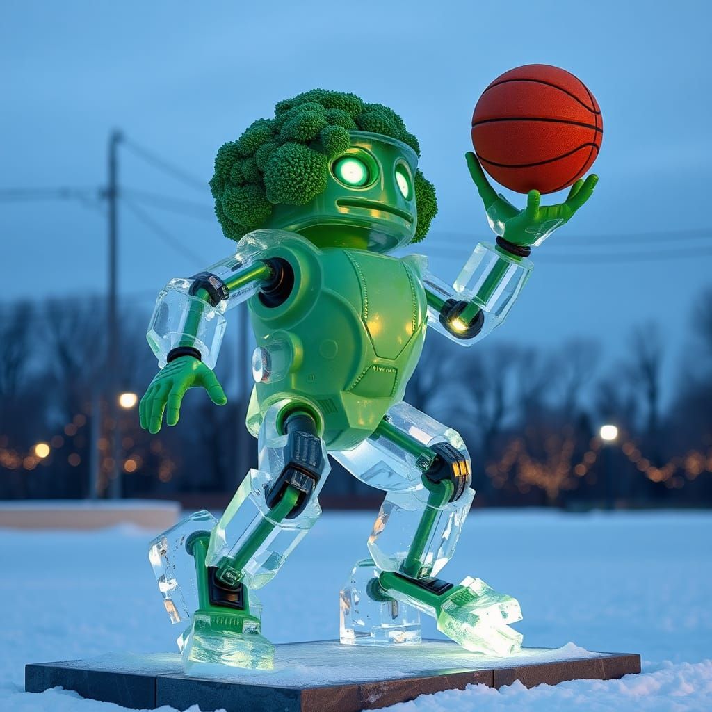 Broccoli Robot Ice Sculpture Plays Basketball