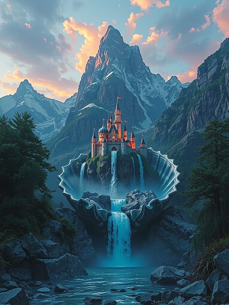 Highly detailed Complex Waterfall cascade Epic beautiful waterfalls flowing out of a pearl with a castle at an epic tall...