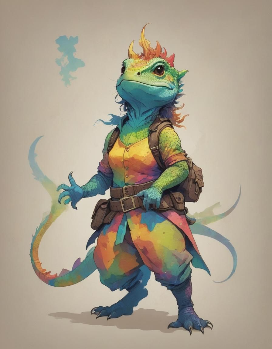 Cheerful Lizard Adventurer in Whimsical Fantasy Landscape