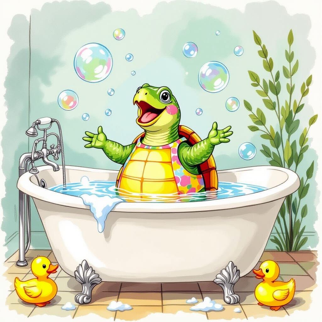 Singing Turtle in Bathtub, Whimsical Watercolor Style