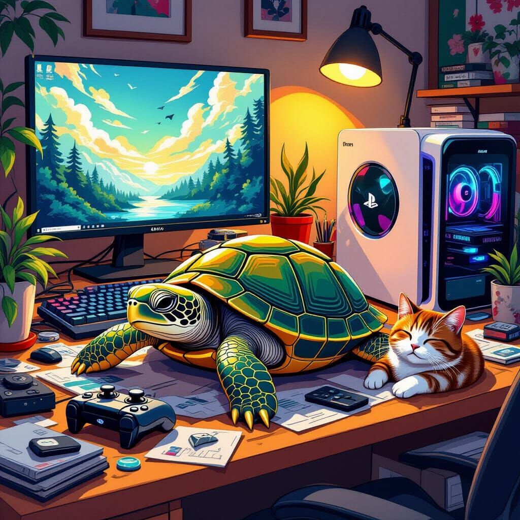 Turtle Sleeps Near Gaming Setup with Cat