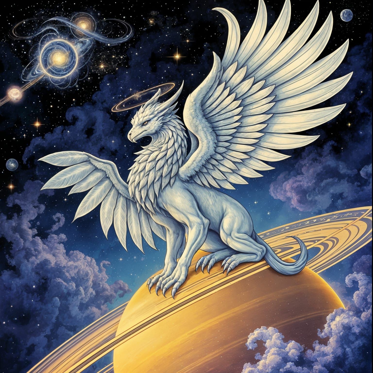 Celestial Griffin Perched Atop Saturn in Art Nouveau Style