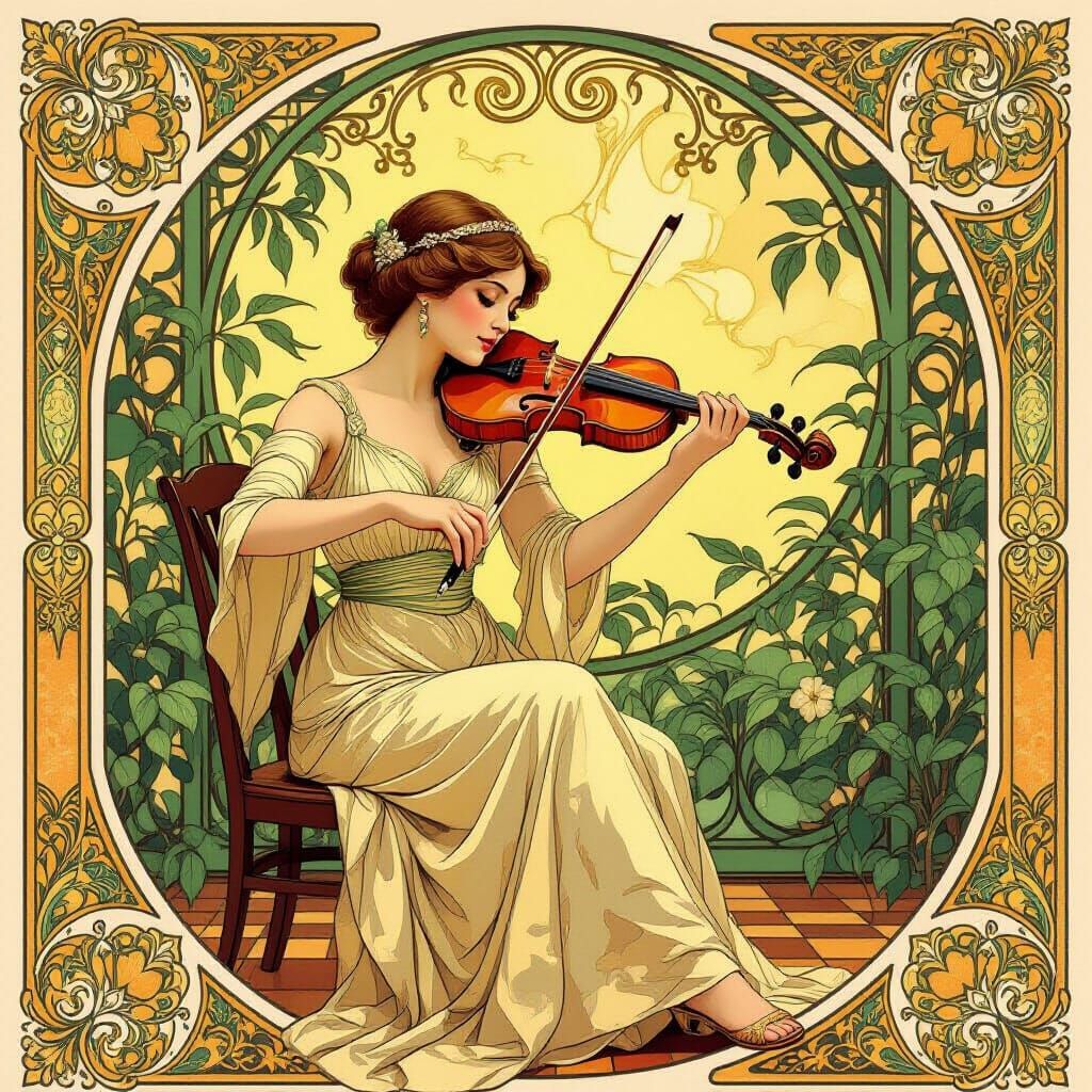 Elegant Woman Playing Violin in Art Nouveau Style