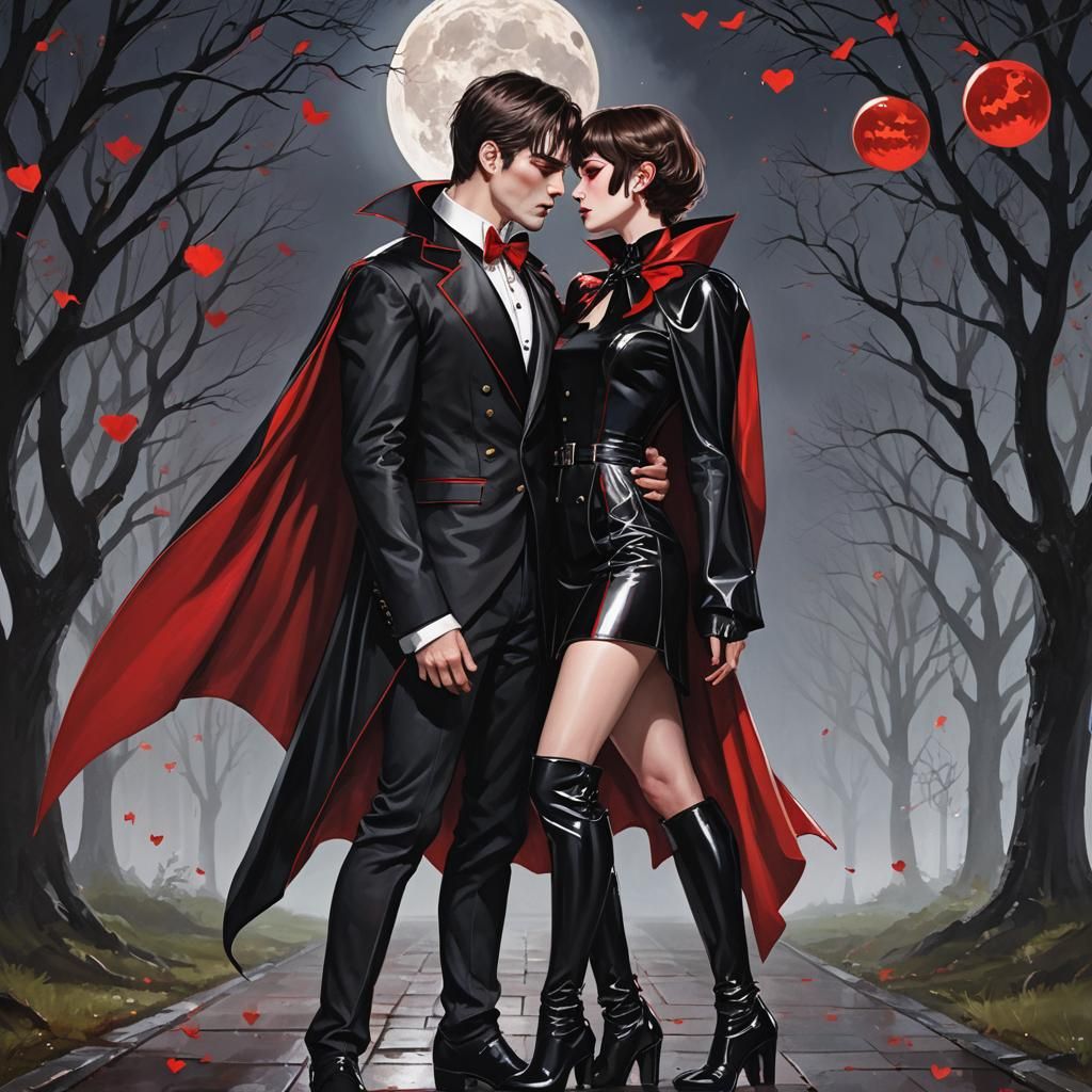 Vampire Couple Embrace Under the Moonlight in Detailed Matte...