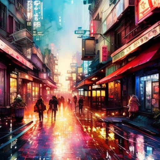 Romantic Cyberpunk Evening: Watercolor Manga Illustration