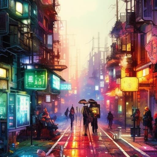 Cyberpunk Romance: Neon Cityscape in Manga Watercolor