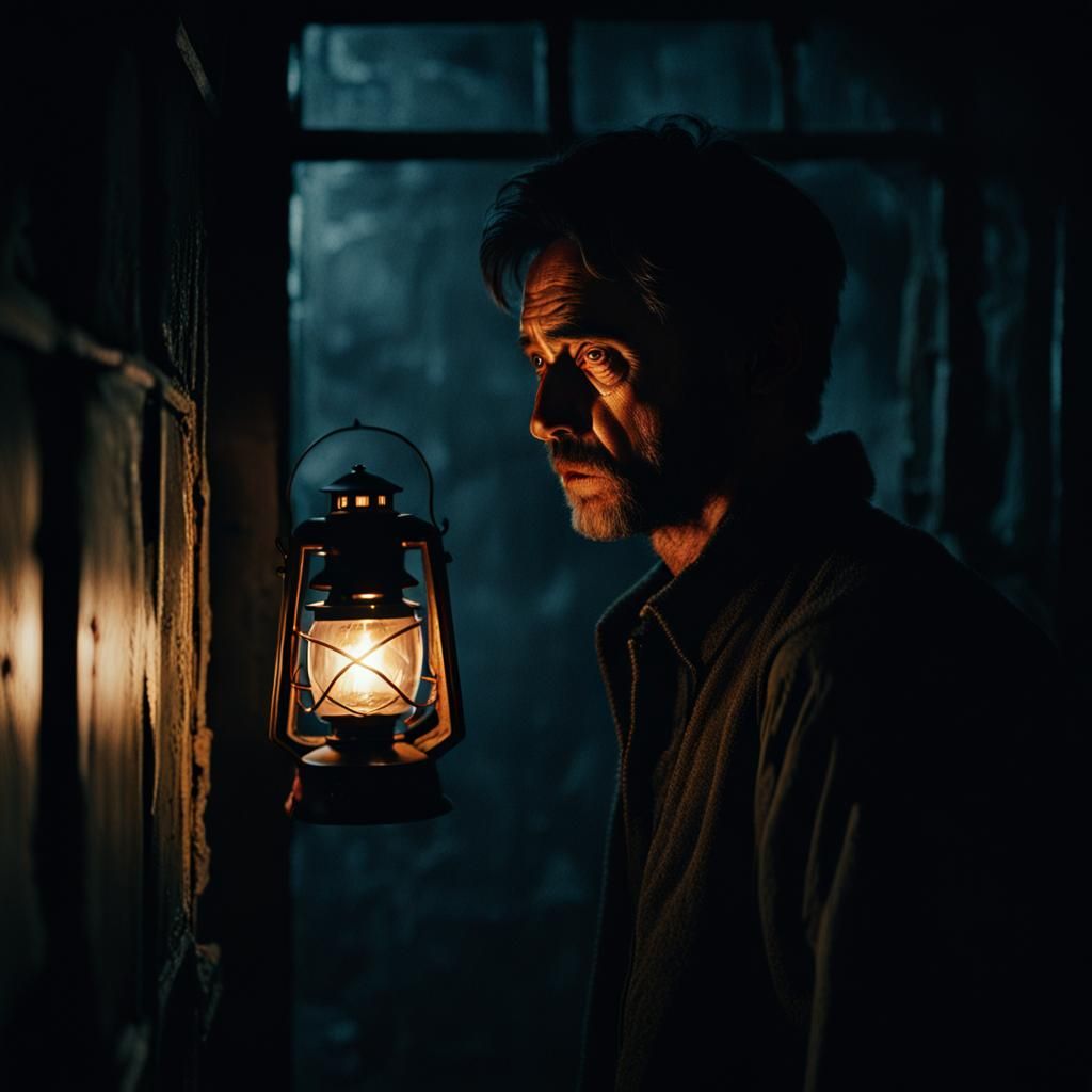 Frightened Person with Lantern in Dark Room