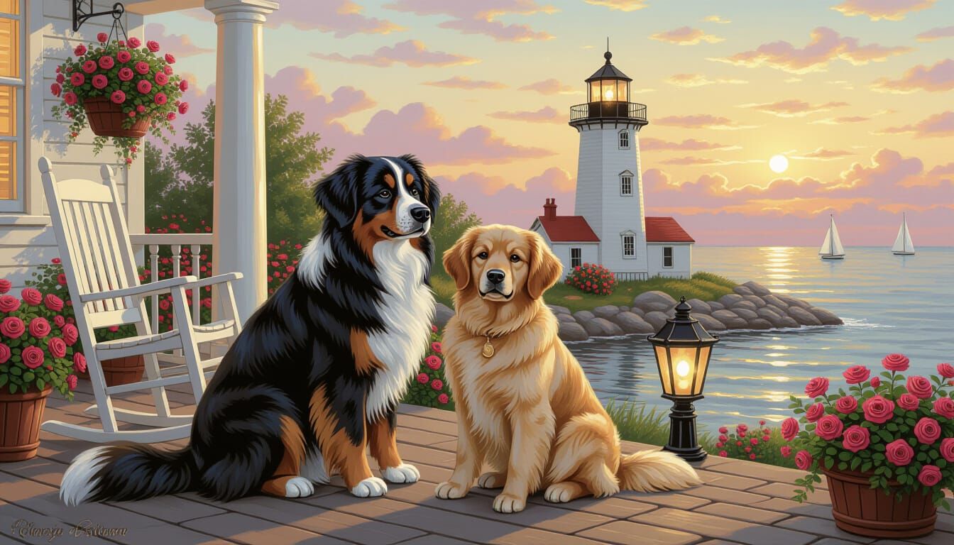 Lighthouse and Dog on Porch in Dutch Baroque Style