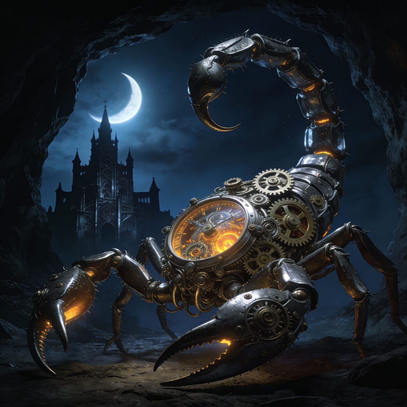 Clockwork Scorpion Emerges From Cave Under Crescent Moon