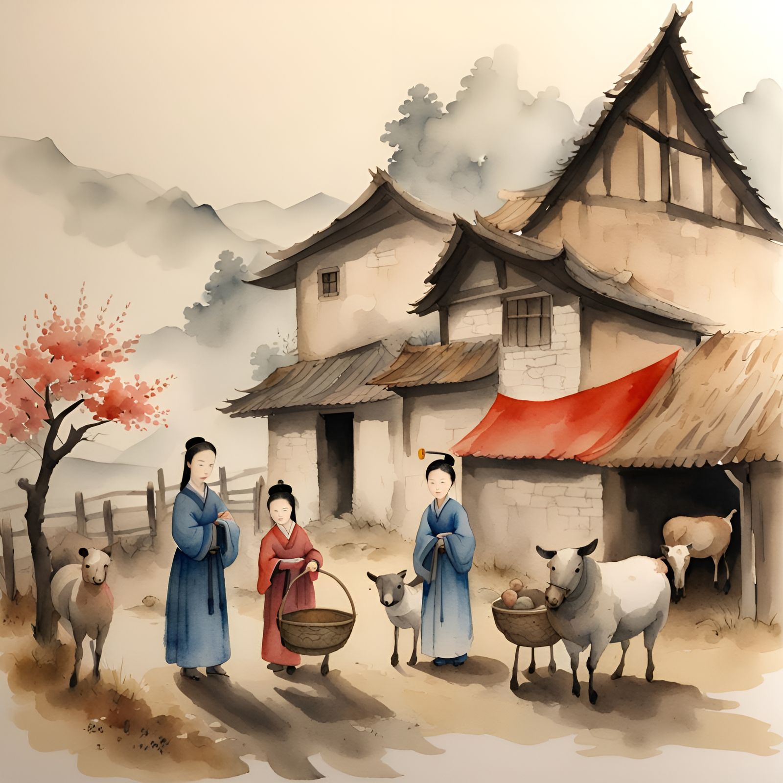 Chinese watercolor medieval farm family