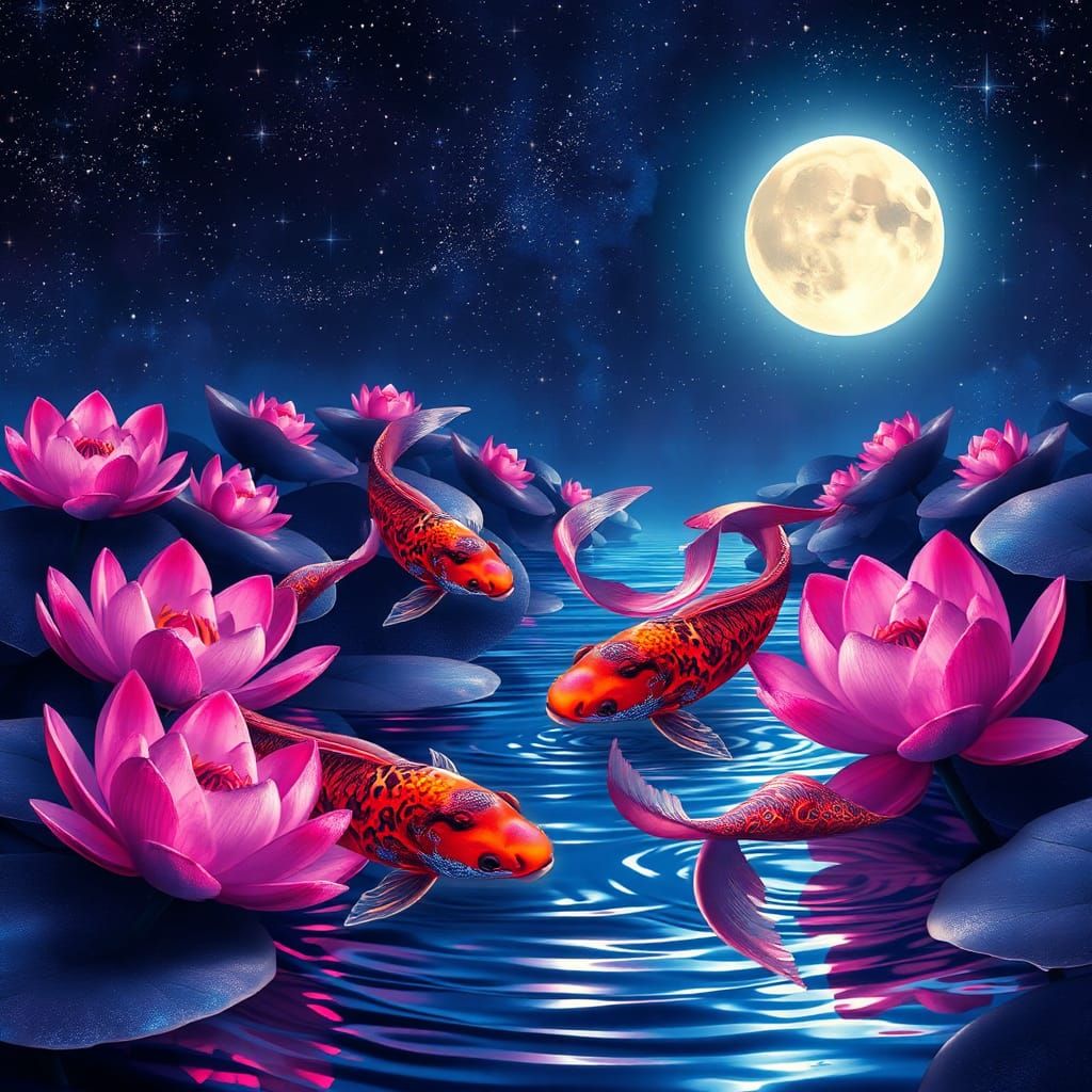 Iridescent Koi Pond Under Moonlight