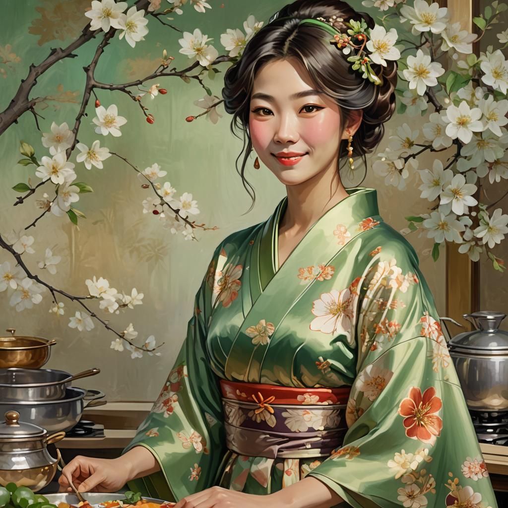 Smiling Japanese Woman in Kimono, Alphonse Mucha Style