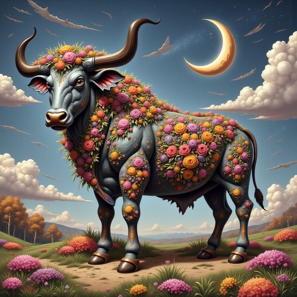 Stone and Floral Taurus Under Moonlight