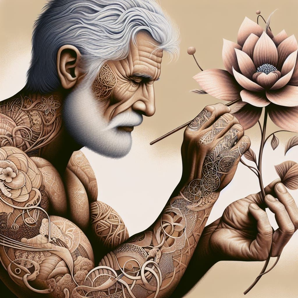 Detailed Painting of Elderly Man Caring for Flower