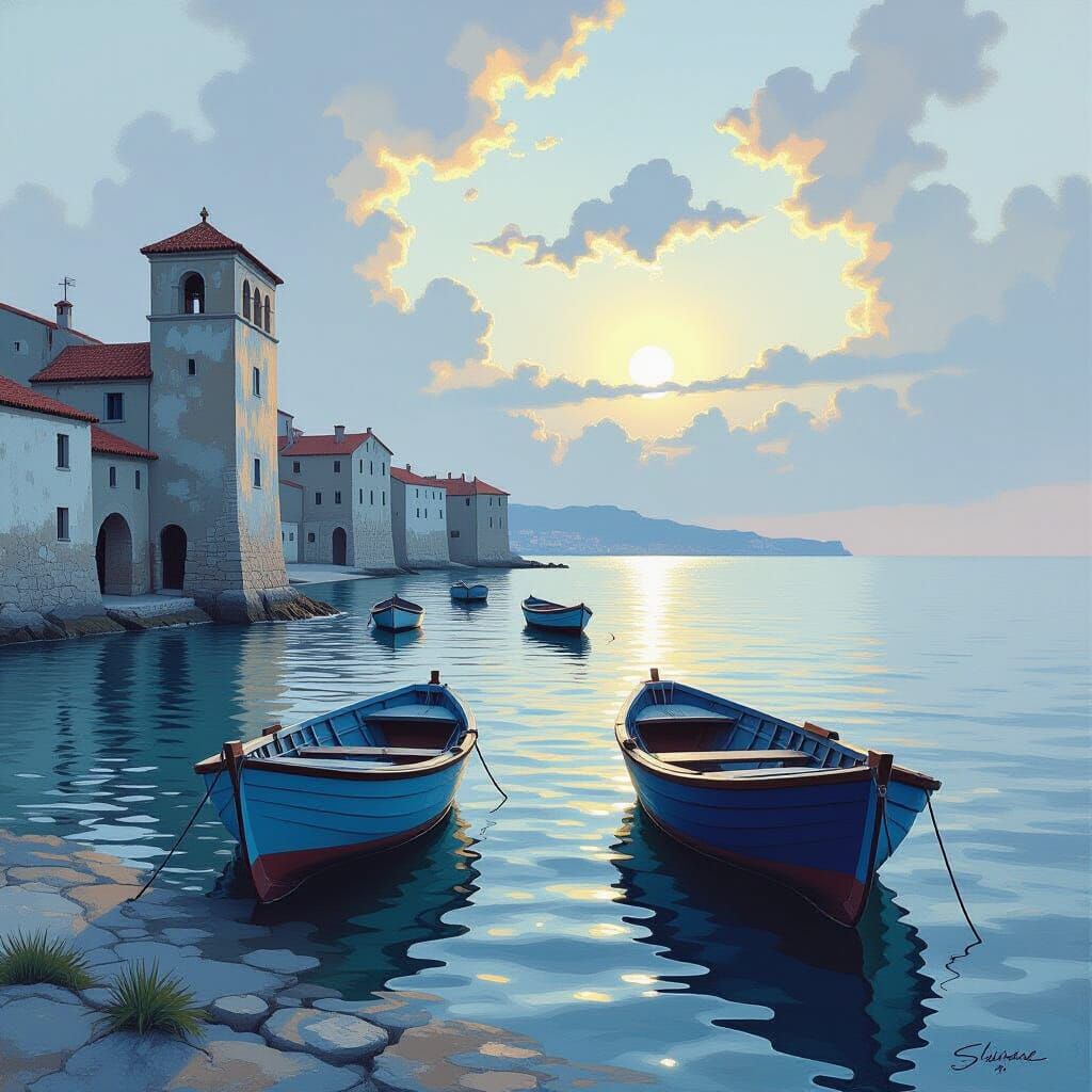 Impressionist Seascape with Distant Buildings