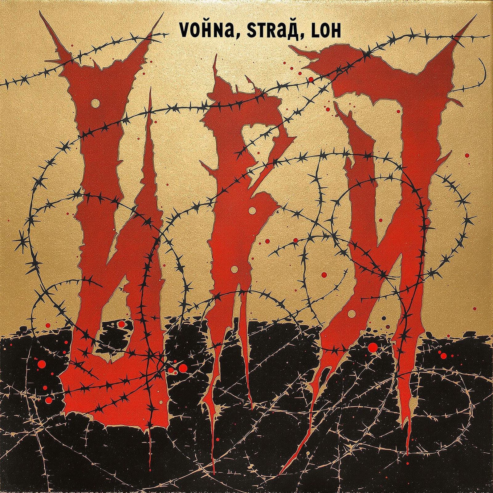 Abstract Crimson Shapes on Gold Leaf in Iconography Style