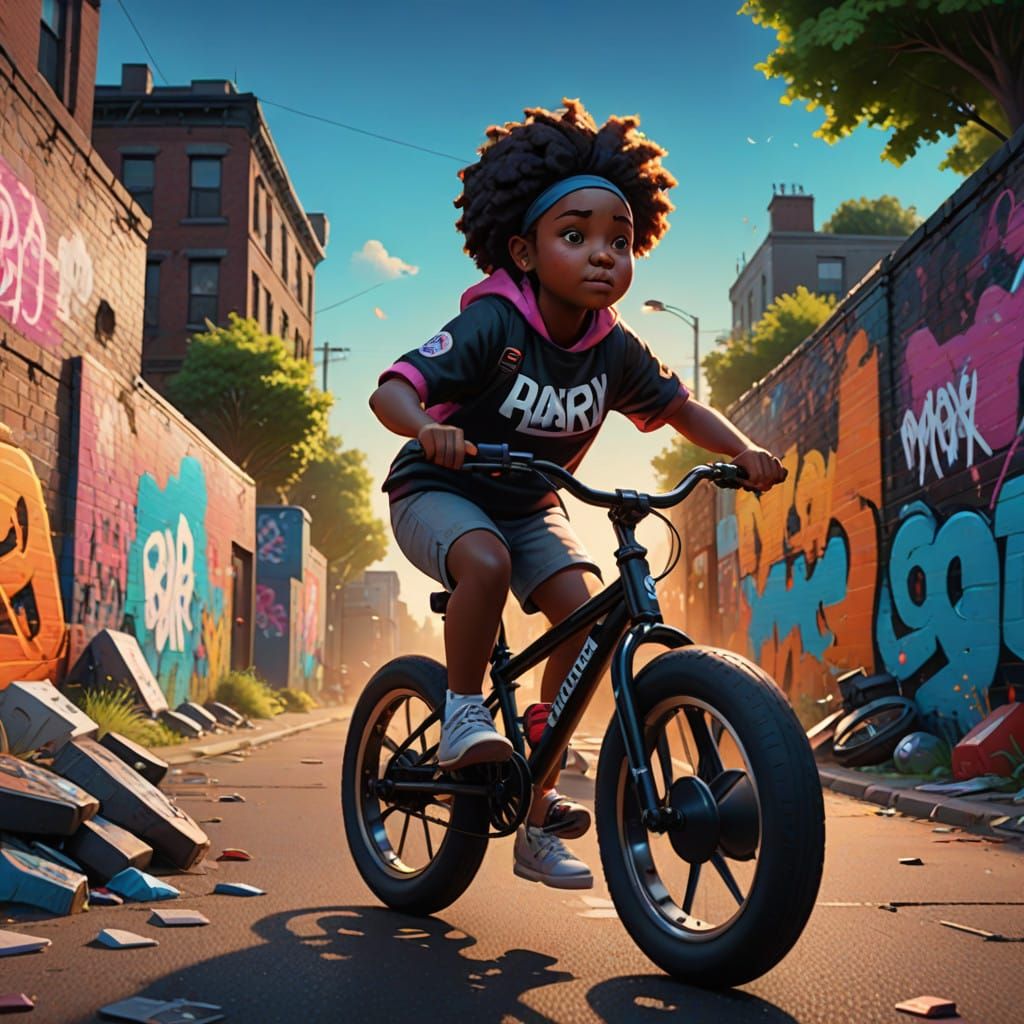 Vibrant Graffiti Scene of a Young Black Girl Riding a Bike