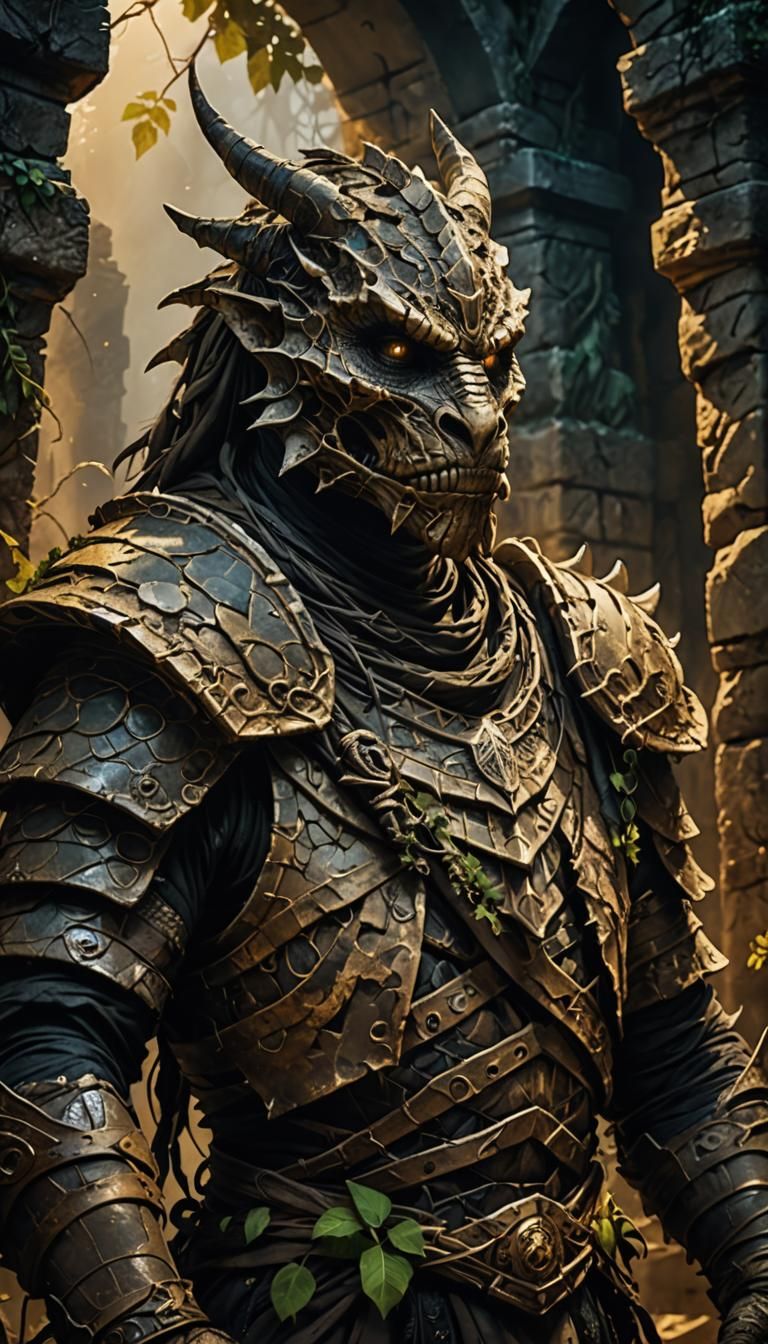 Dragonborn Mummy in Ancient Ruins: Dark Fantasy Art