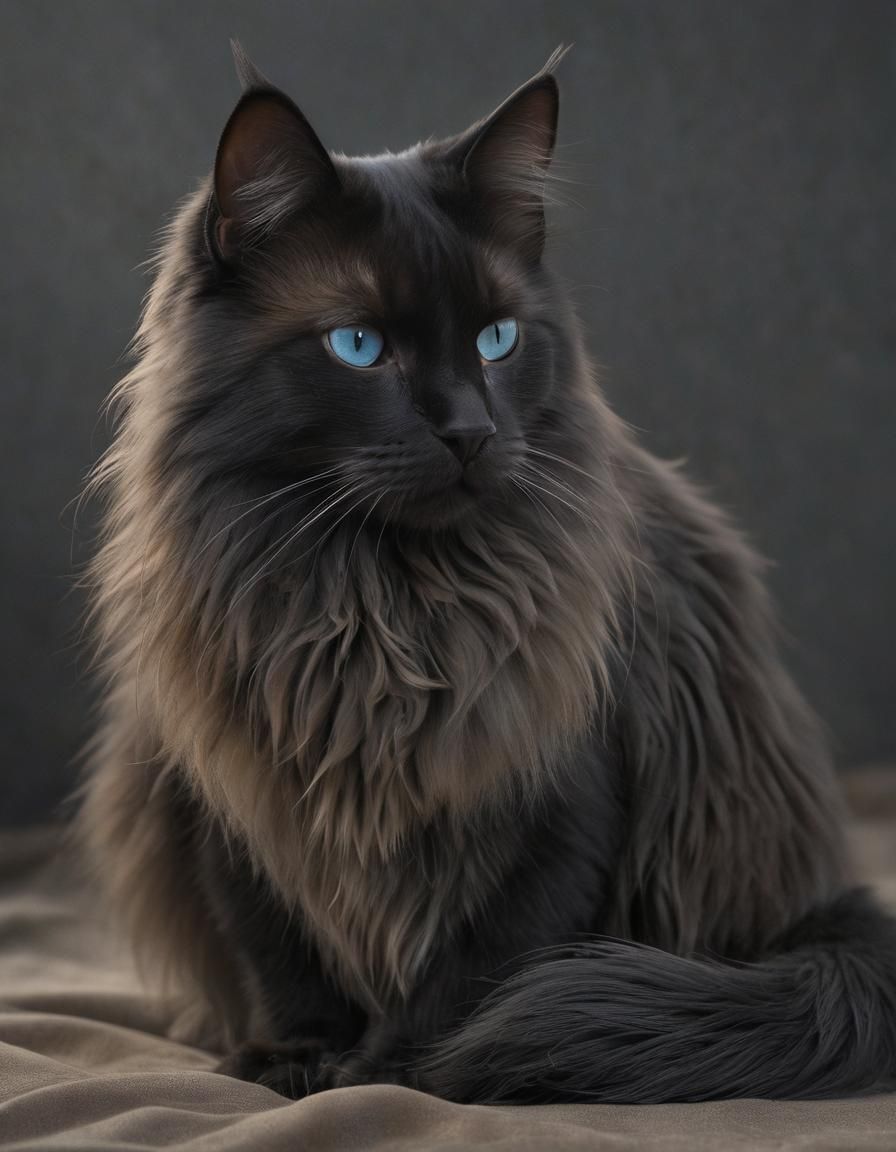 Detailed Long-Haired Black Cat with Blue Eyes