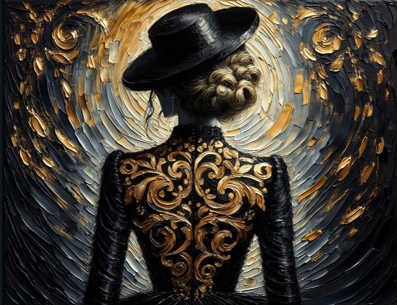 Woman in Black Hat With Golden Accents, Impasto Style