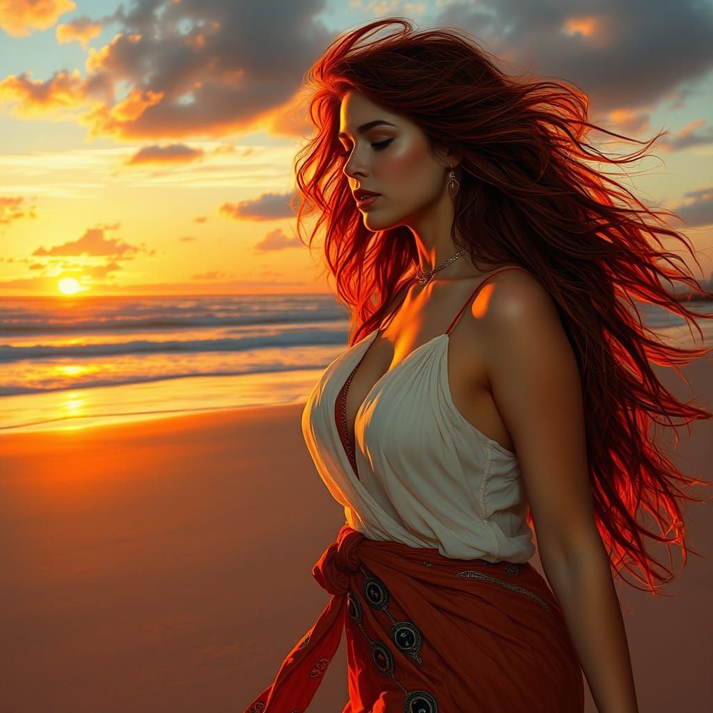 Sunset Beach Beauty in Art Nouveau Style