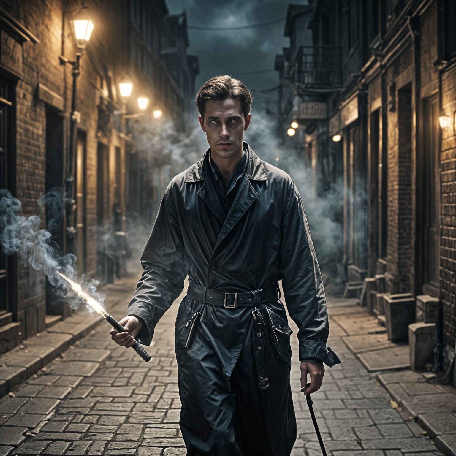 Ghostly Figure in Dark Streets with Sword