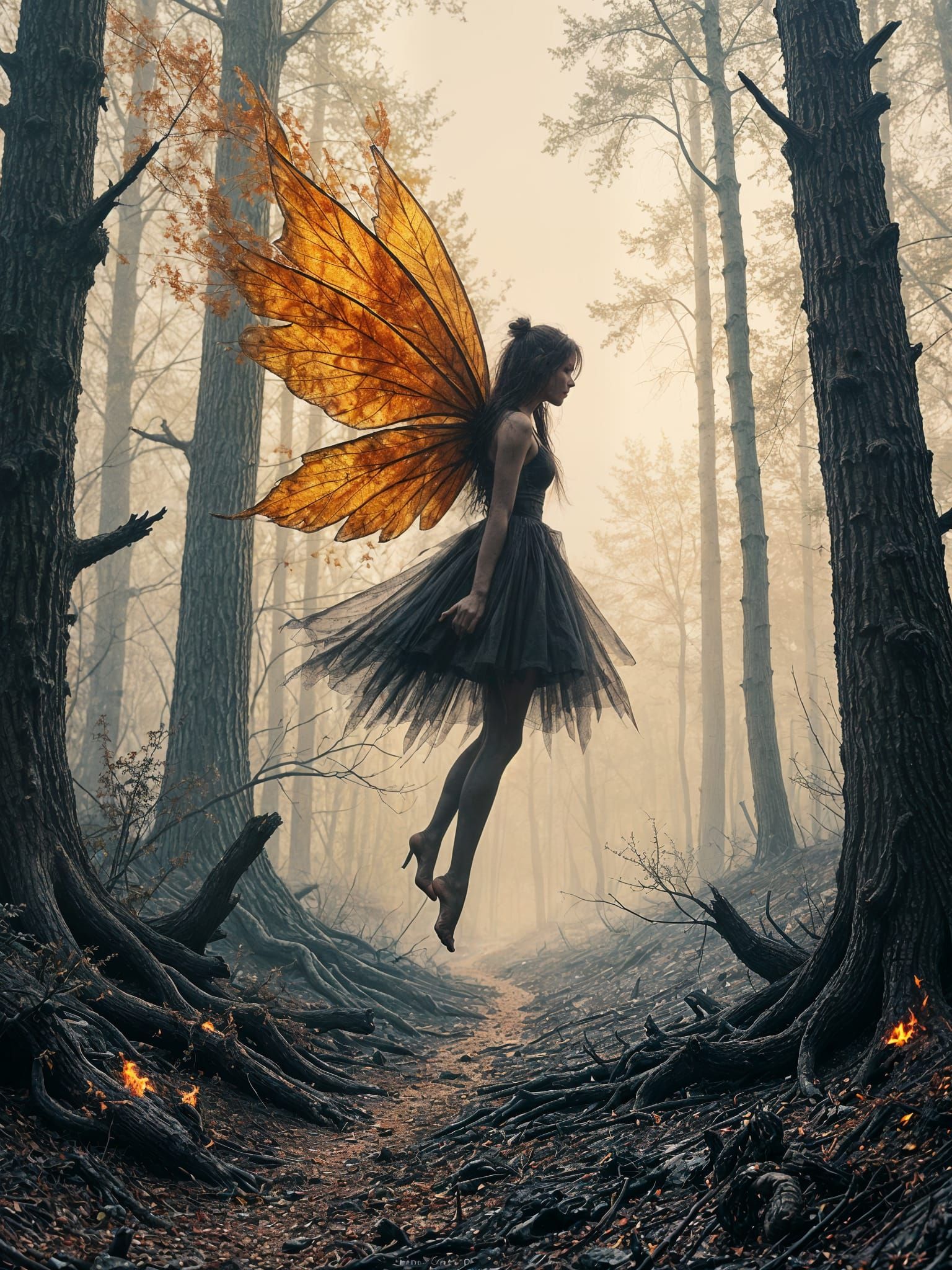 Ash Fairy in Charred Forest, Watercolor Style