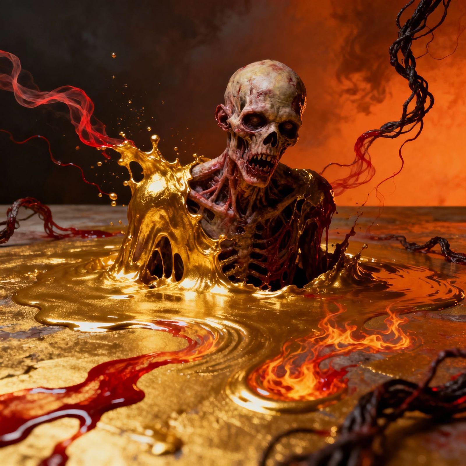 Golden Paint Forms Zombie on Canvas in Surreal Style