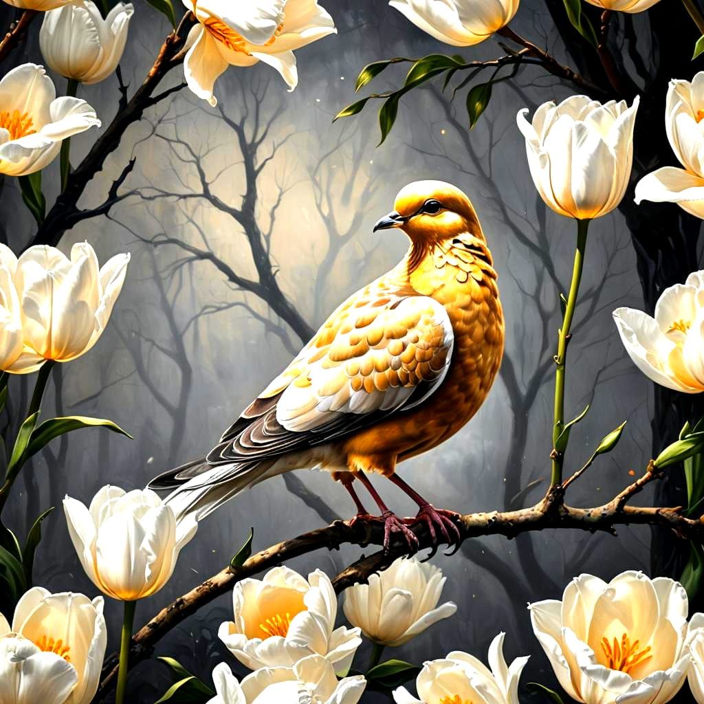 Bioluminescent Golden Dove and Tulip, Oil Painting