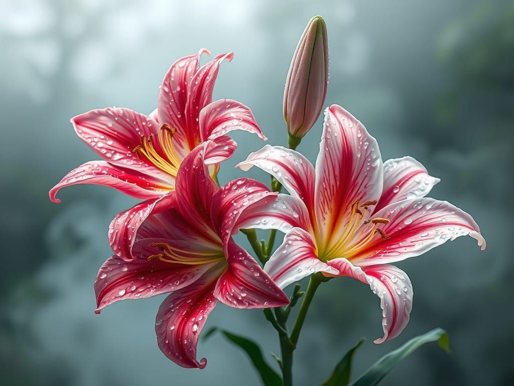 Iridescent Lilies with Dewdrops in Misty Digital Painting
