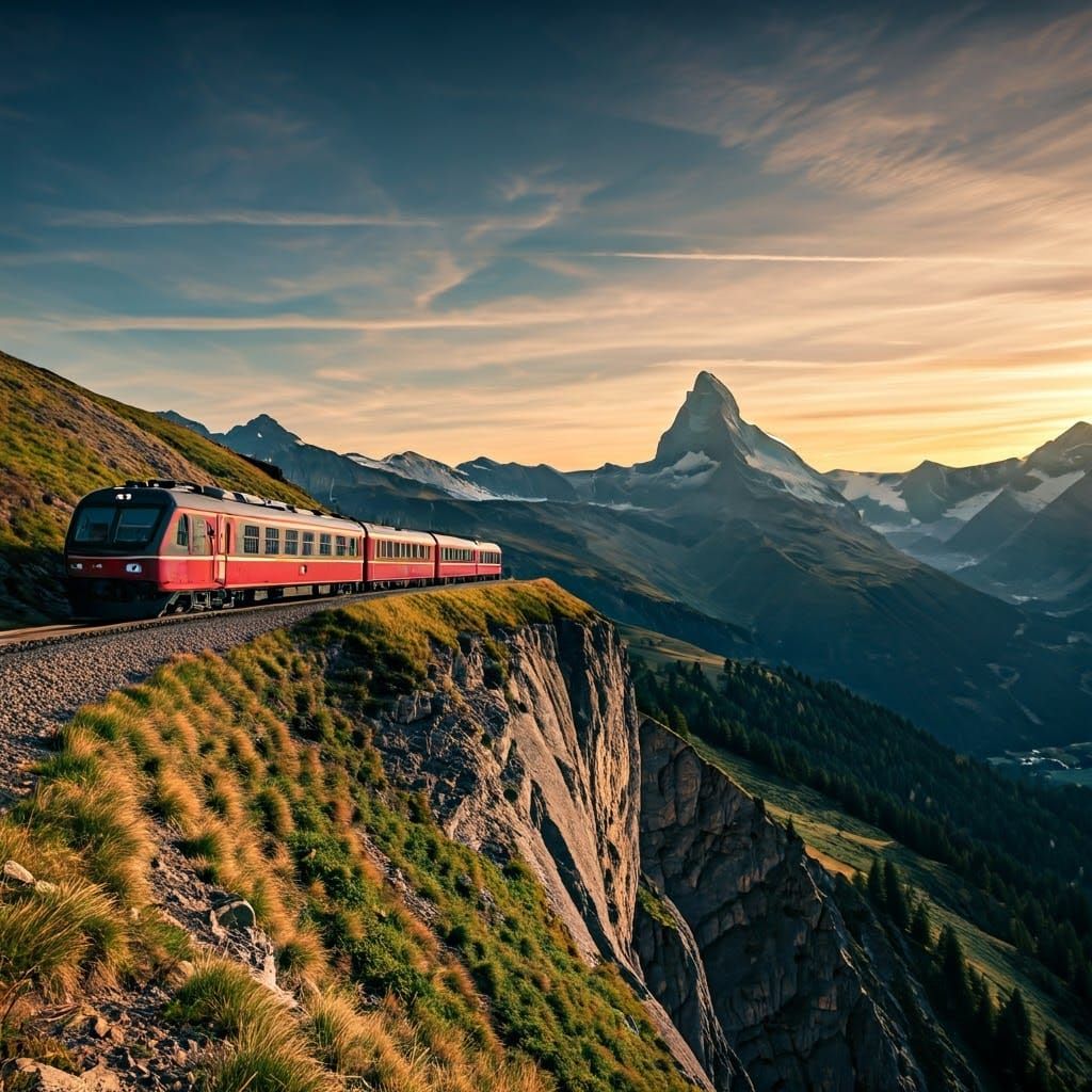 Train on a Cliff in the Alps at Sunset