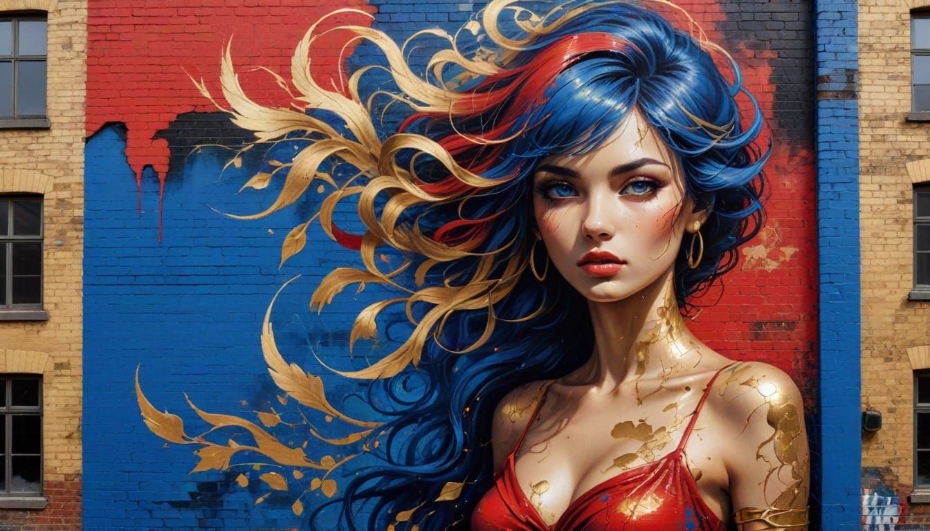 Surreal mural on brick building.