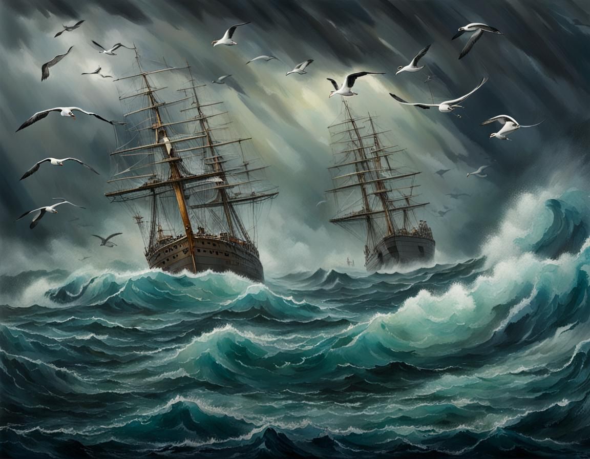 Stormy Ocean Scene with Albatross and Ships