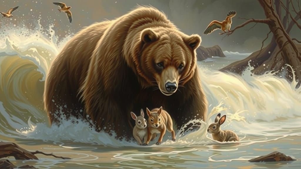 Grizzly Bear Protects Woodland Creatures from Crashing Wave