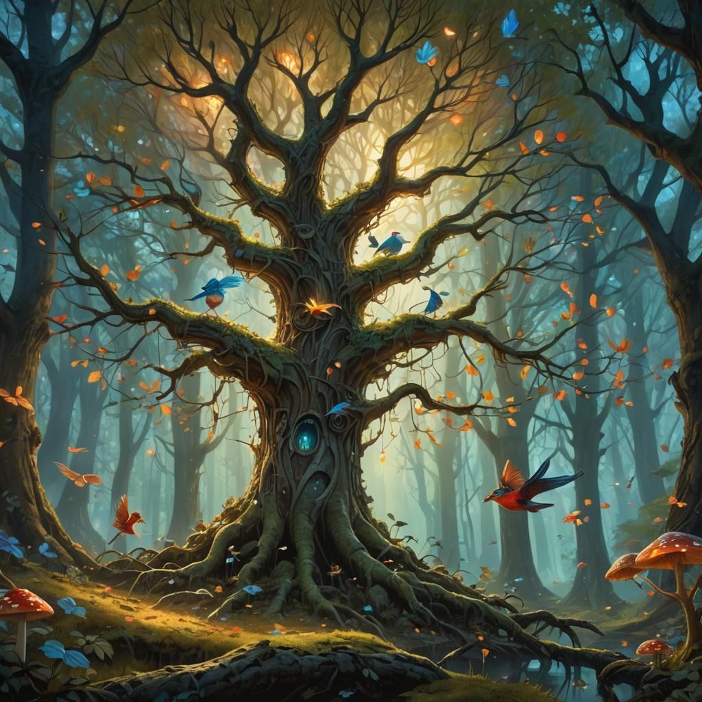 Majestic Spring Tree and Bird in Fantasy Forest