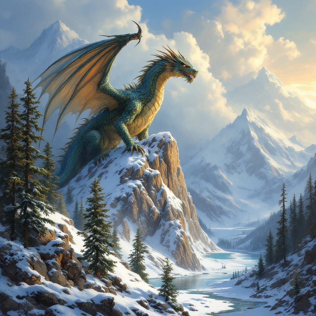 Epic Dragon Amidst Snowy Wilderness in Fantasy Realism Style