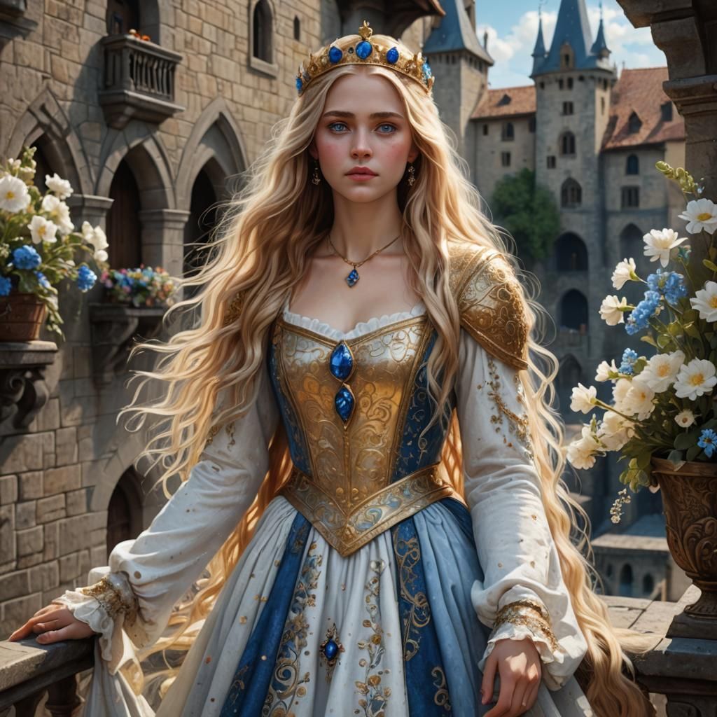 Medieval Princess on Balcony, Hyperrealistic Digital Art