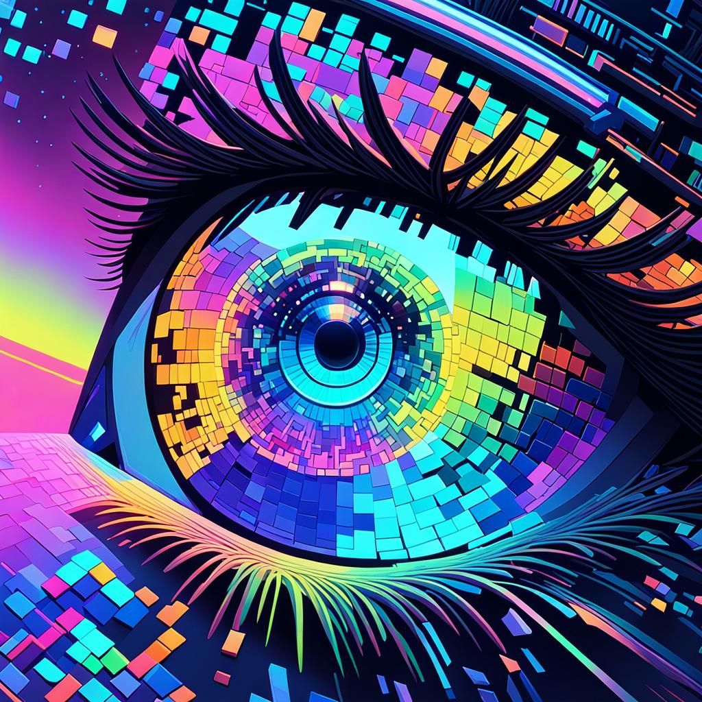 Pixelated Rainbow Eye: Digital Art in Neon Style