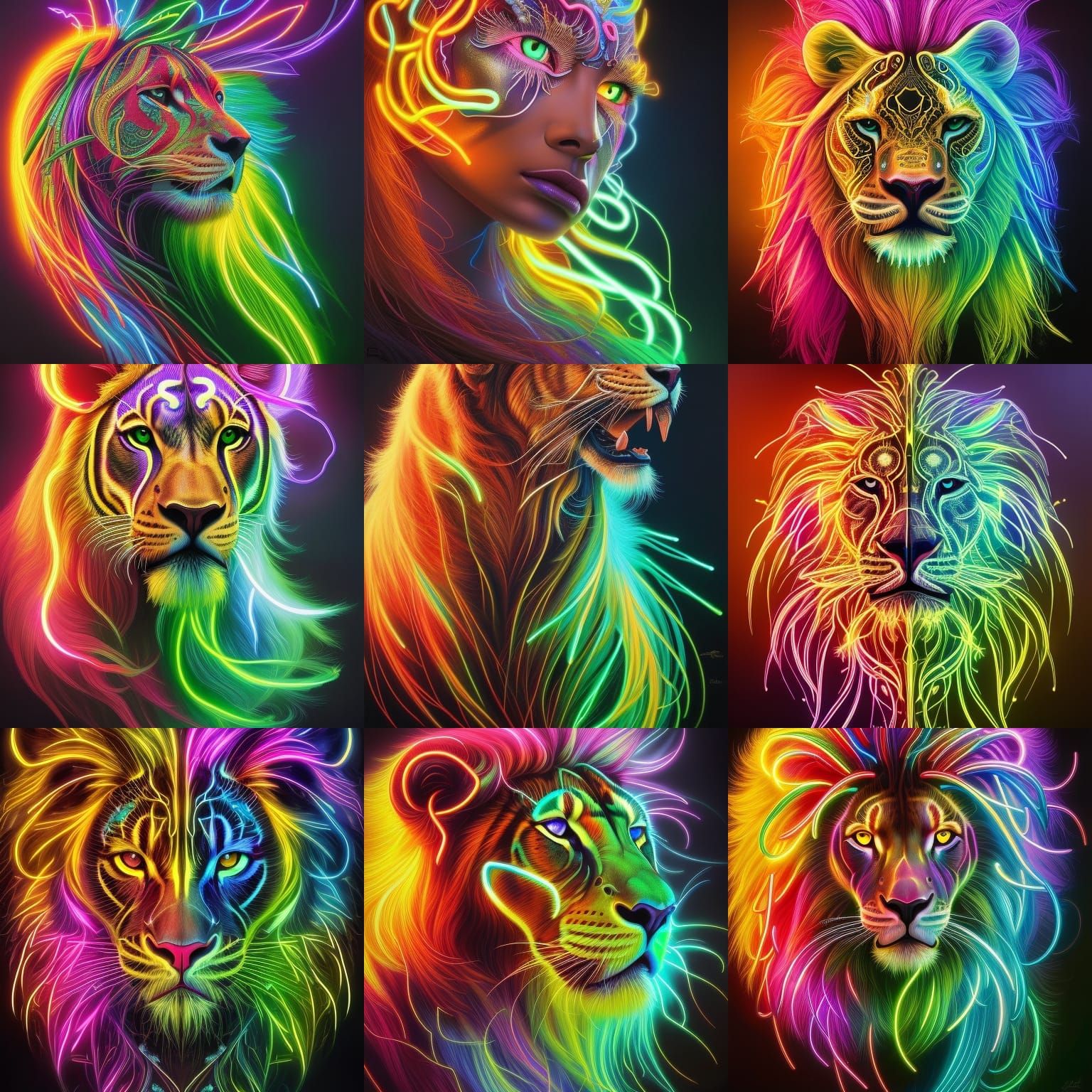 Neon Lion Portrait with Electric Dreadlocks