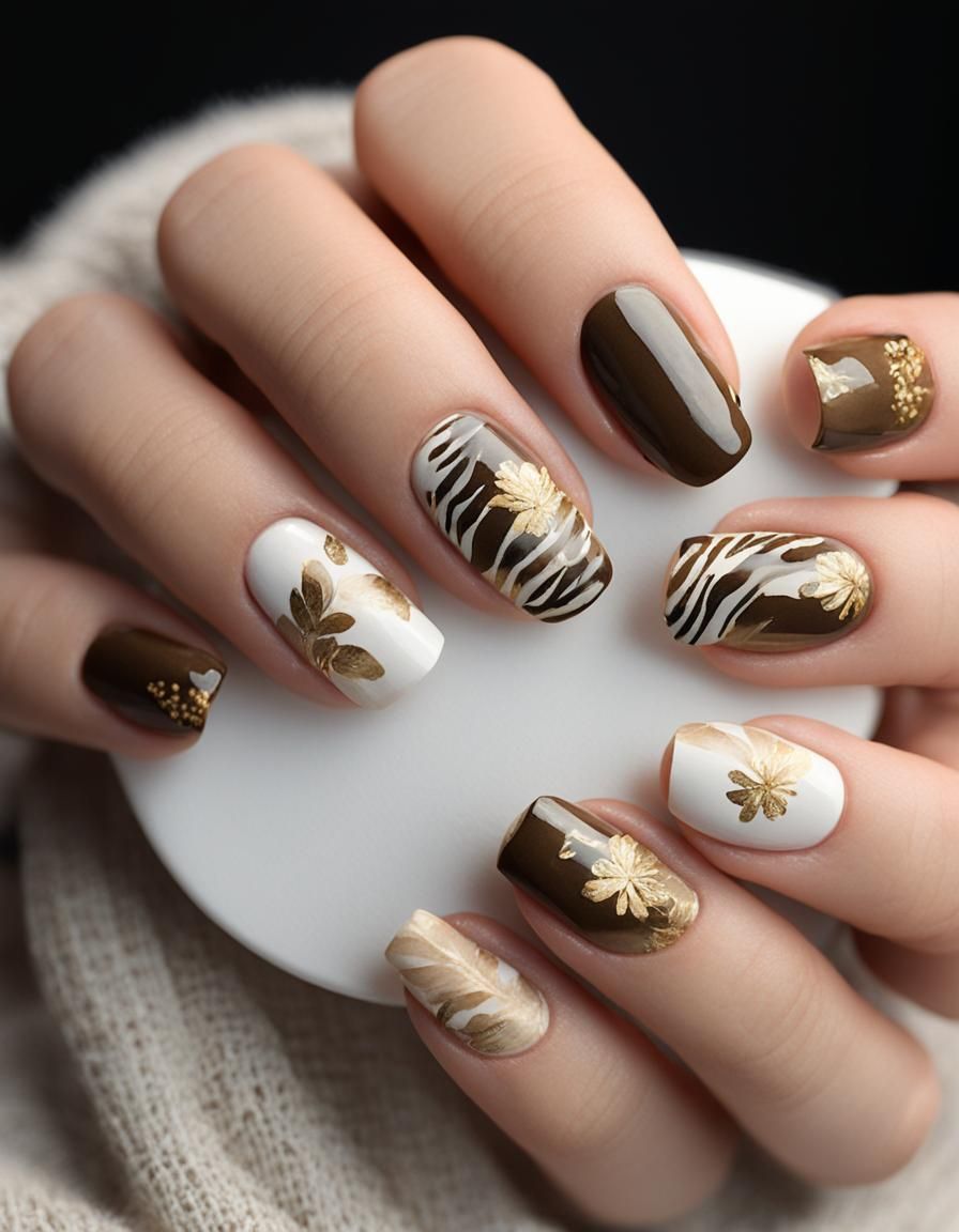 Watercolor Zebra and Gold Floral Nail Art