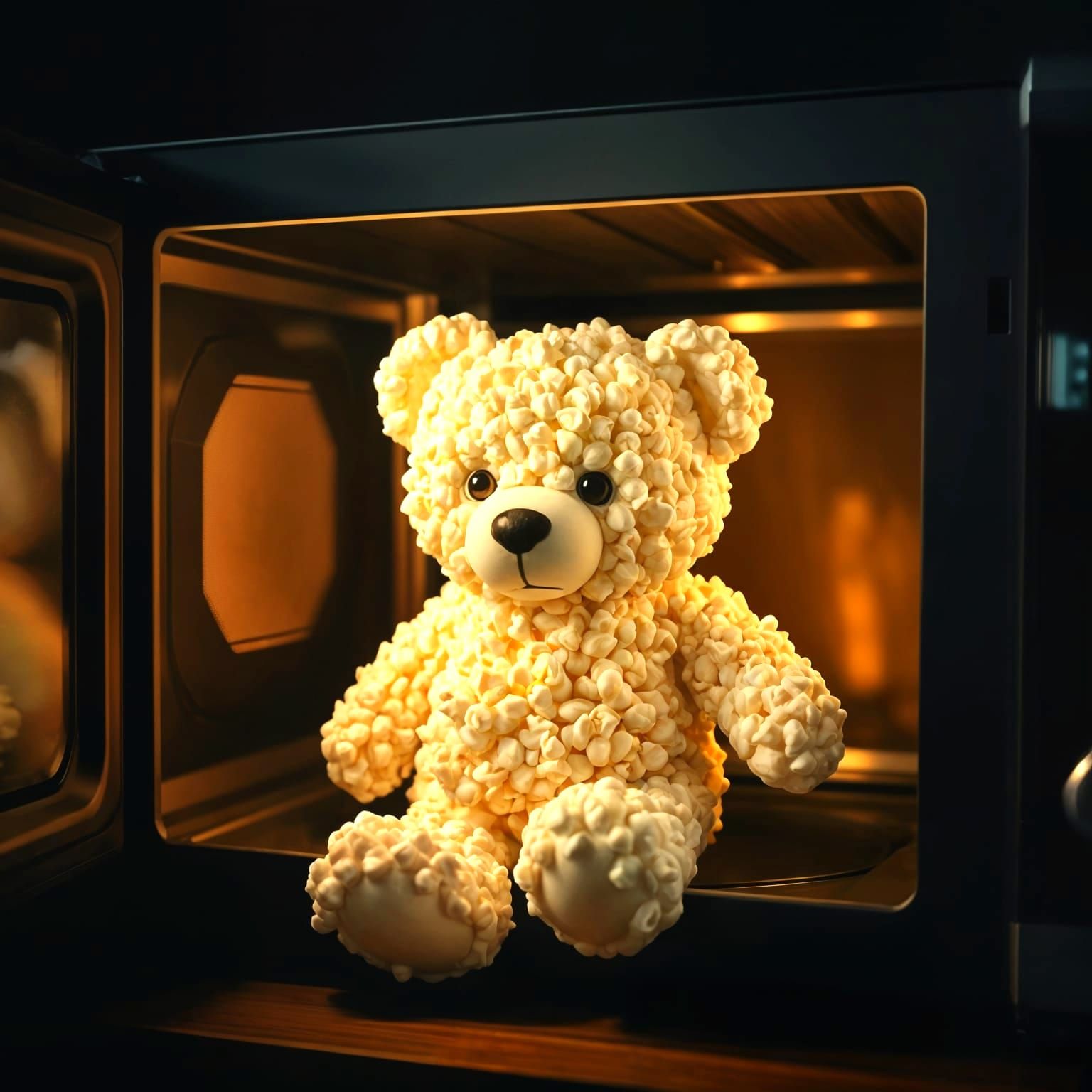 Popcorn Teddy Bear Stepping Out of Microwave