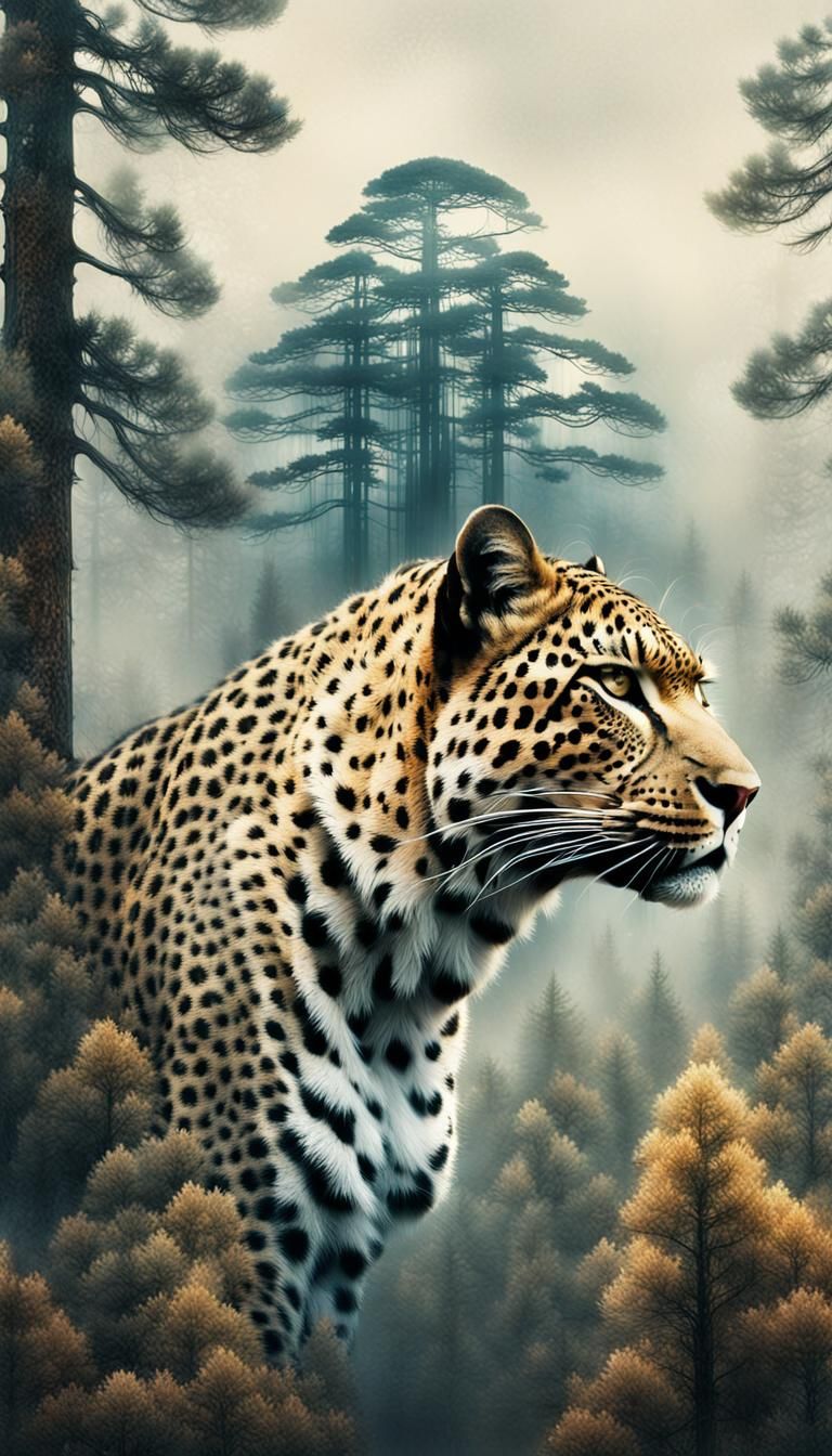 Leopard and Pines Double Exposure Ethereal Artwork