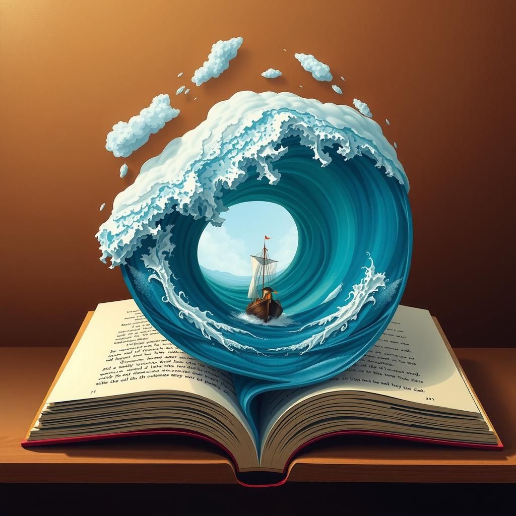 Ocean Wave Boat in Open Book: Storybook Illustration