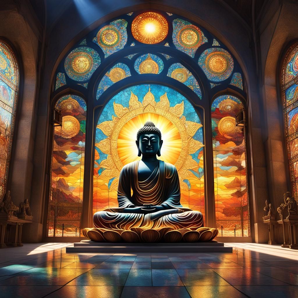 Golden Buddha Meditating in Stained Glass Window