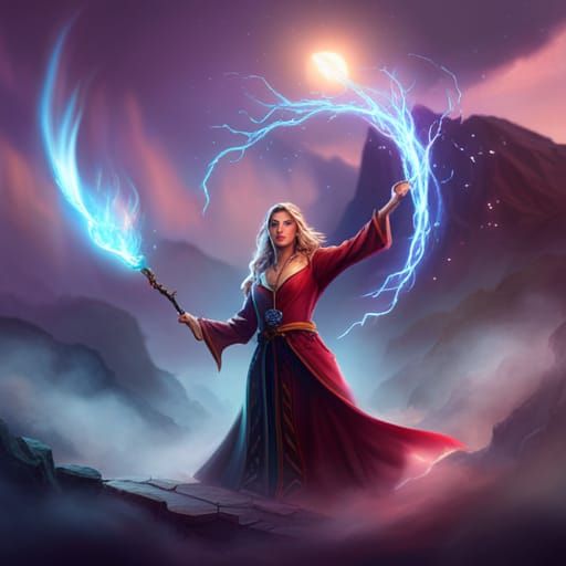 Magical Wizard Casting Elemental Spell in Fantasy Art