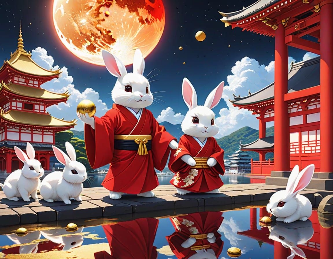 Rabbits in Red Kimono Play with Mochi in a Golden Temple