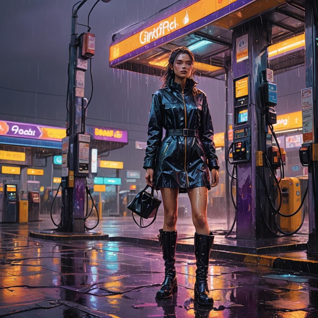 Boot Goddess in Rainy Petrol Station, Digital Art