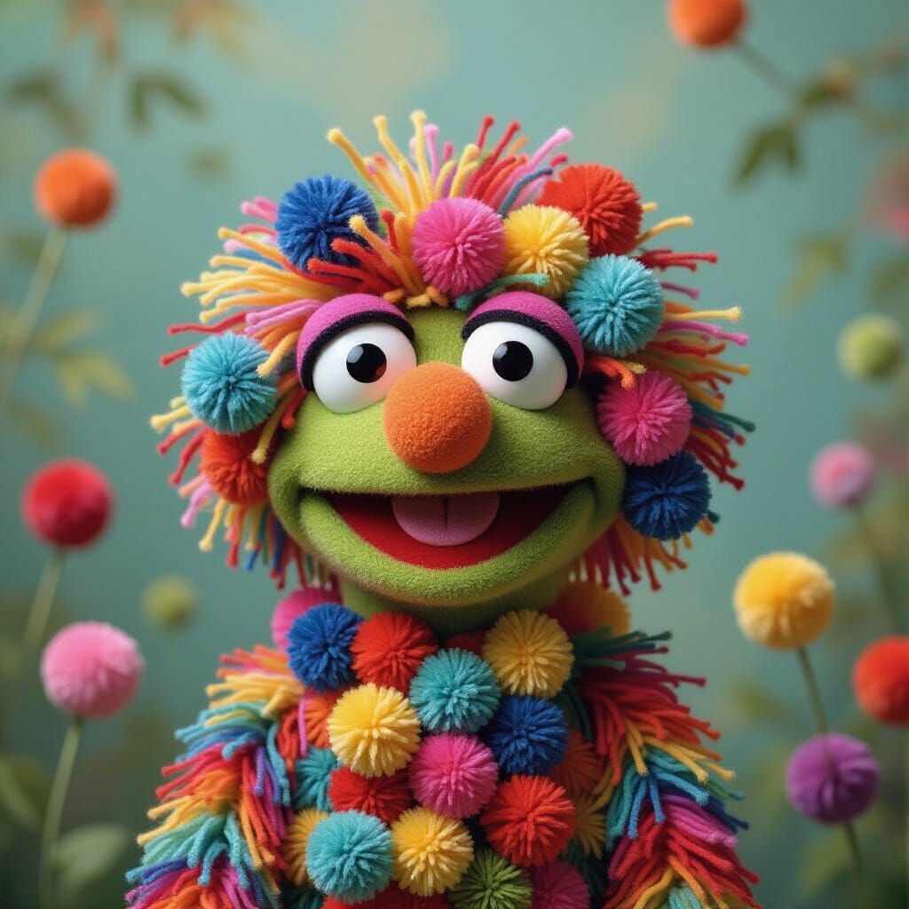 Whimsical Pom Pom Muppet Character in Lowbrow Art Style