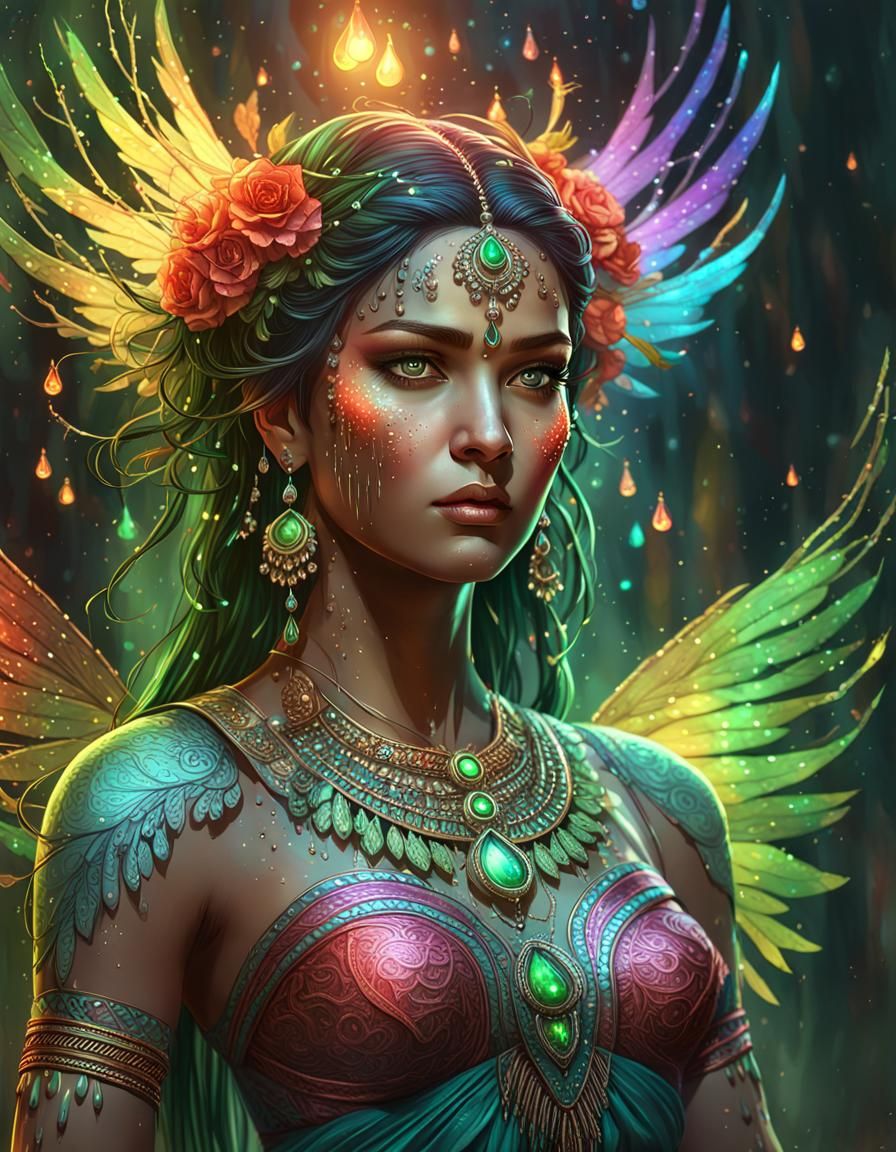 Goddess with Rainbow Branches in Hyperdetailed Digital Art